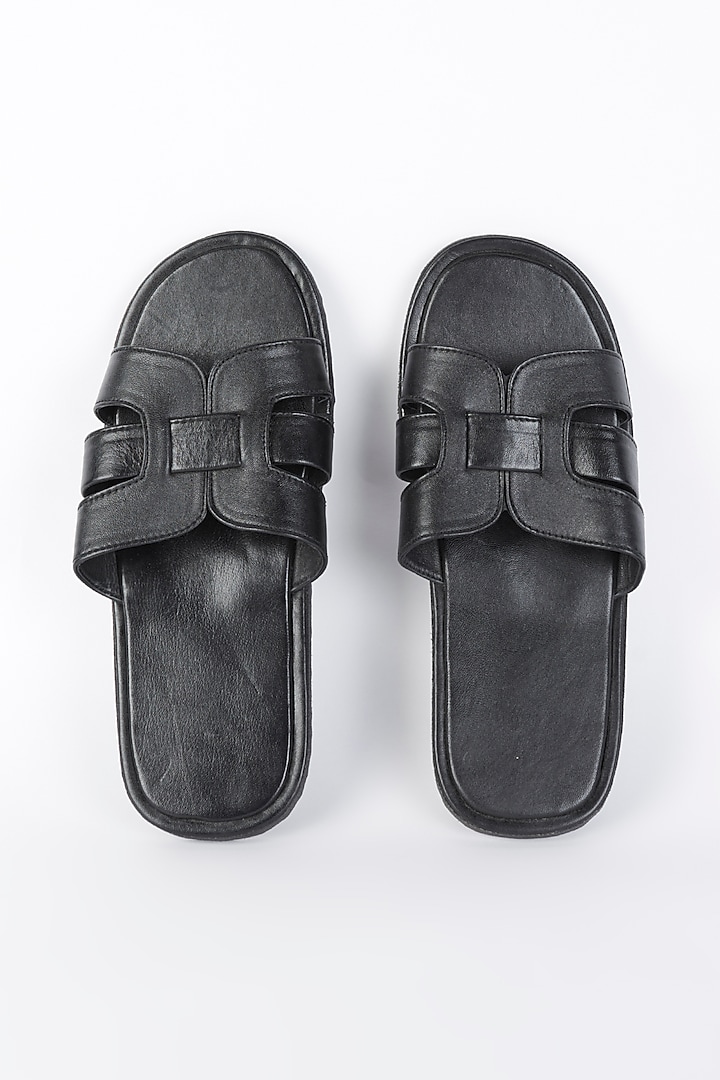Black Leather Handcrafted Slippers by Modello Domani