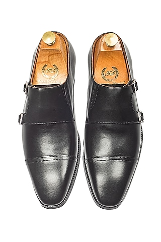 Black Leather Wellington Double Monk Strap Shoes by Modello Domani