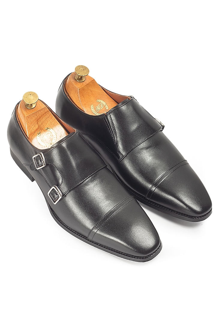 Black Leather Wellington Double Monk Strap Shoes by Modello Domani at Pernia's Pop Up Shop