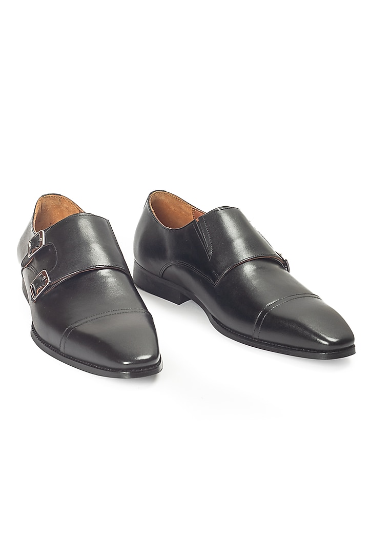 Black Leather Wellington Double Monk Strap Shoes by Modello Domani at Pernia's Pop Up Shop