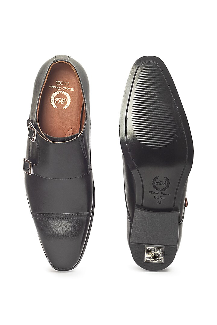 Black Leather Wellington Double Monk Strap Shoes by Modello Domani at Pernia's Pop Up Shop