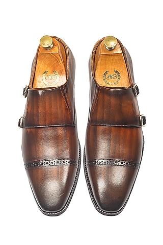 Tan Brown Leather Wellington Double Monk Strap Shoes by Modello Domani