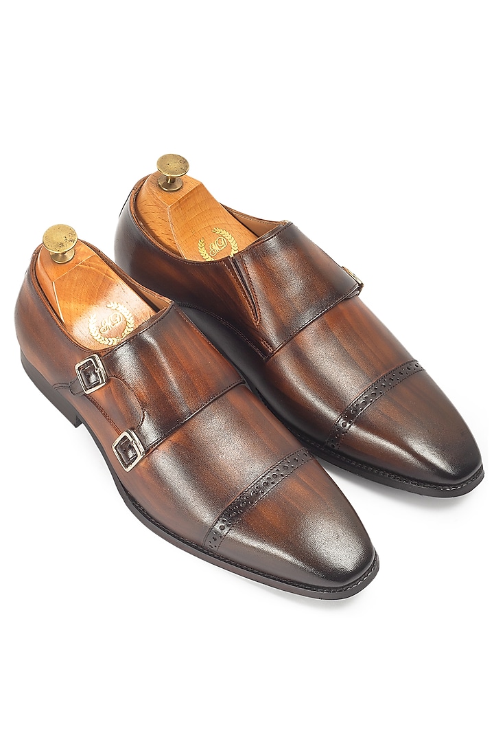 Tan Brown Leather Wellington Double Monk Strap Shoes by Modello Domani at Pernia's Pop Up Shop