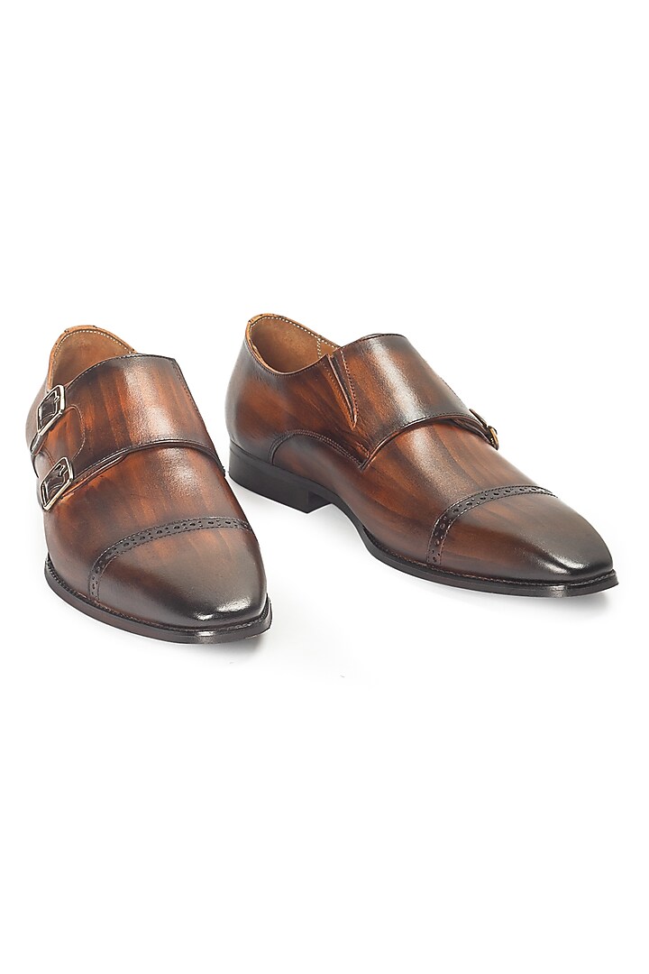 Tan Brown Leather Wellington Double Monk Strap Shoes by Modello Domani at Pernia's Pop Up Shop