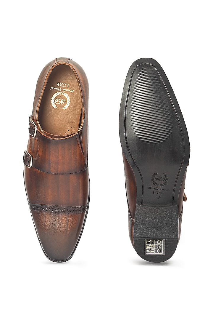 Tan Brown Leather Wellington Double Monk Strap Shoes by Modello Domani at Pernia's Pop Up Shop