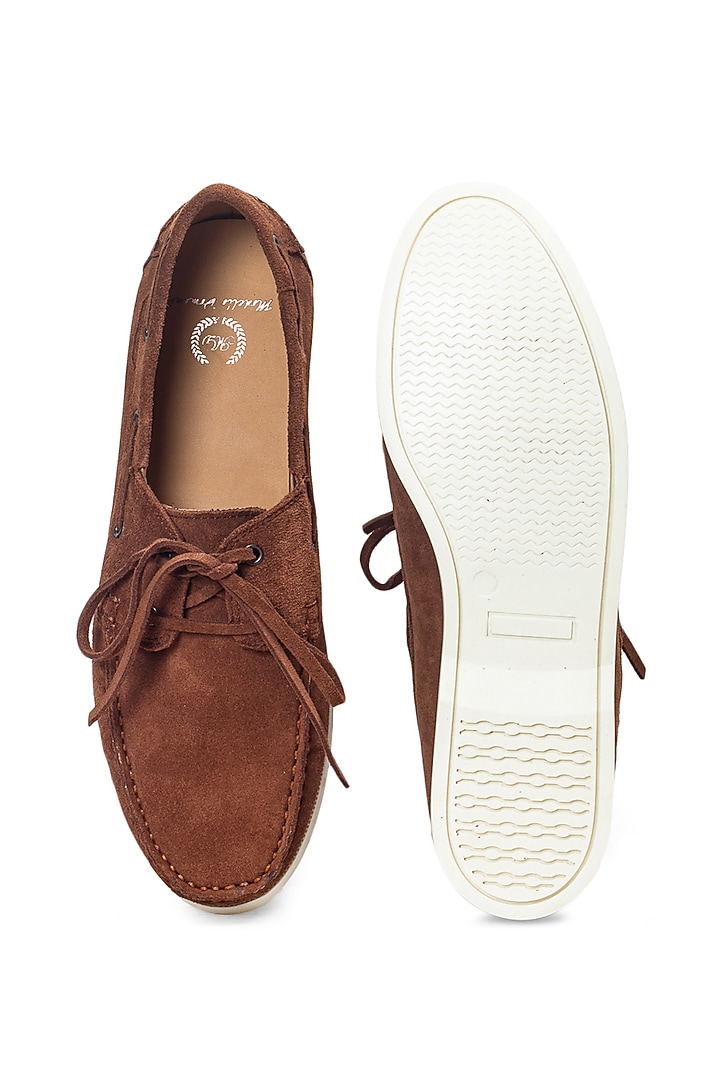 Brown Suede Handcrafted Boat Shoes by Modello Domani at Pernia's Pop Up Shop