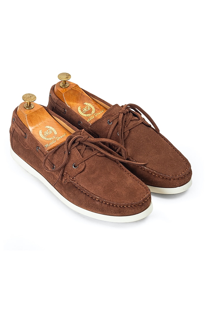 Brown Suede Handcrafted Boat Shoes by Modello Domani at Pernia's Pop Up Shop