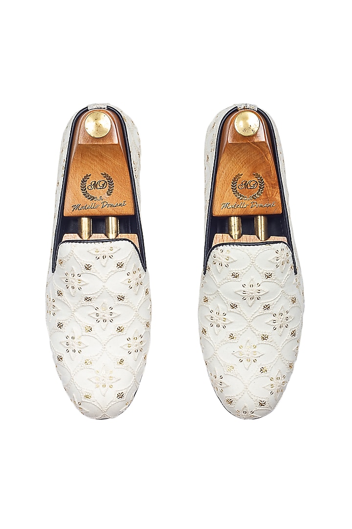 Off-White Cotton Handcrafted Lucknowi Slip-On Shoes by Modello Domani