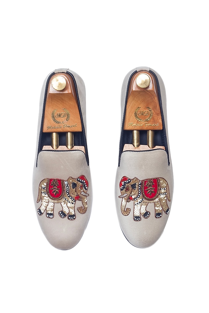 Cream Velvet Handcrafted Slip-On Shoes by Modello Domani