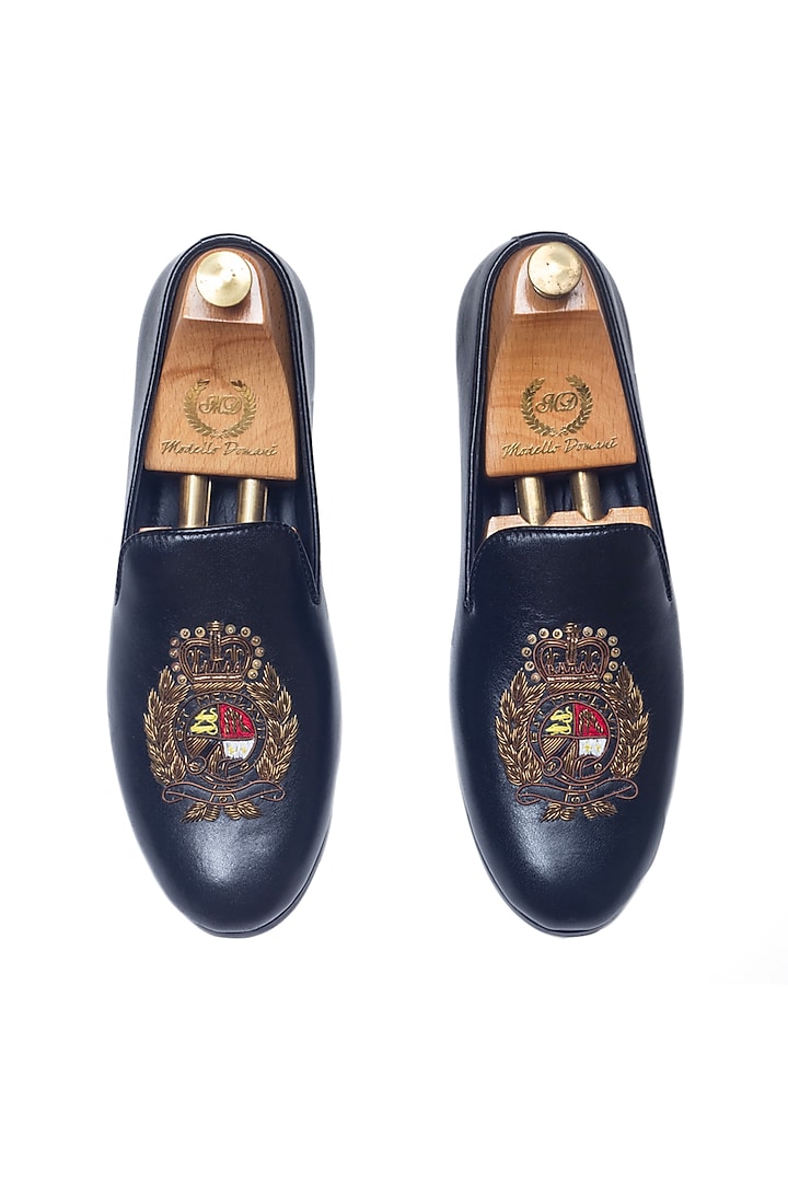 Black Leather Handcrafted Slip-On Shoes by Modello Domani