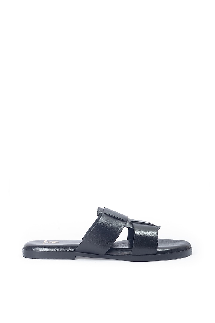 Black Leather Handcrafted Slippers by Modello Domani at Pernia's Pop Up Shop