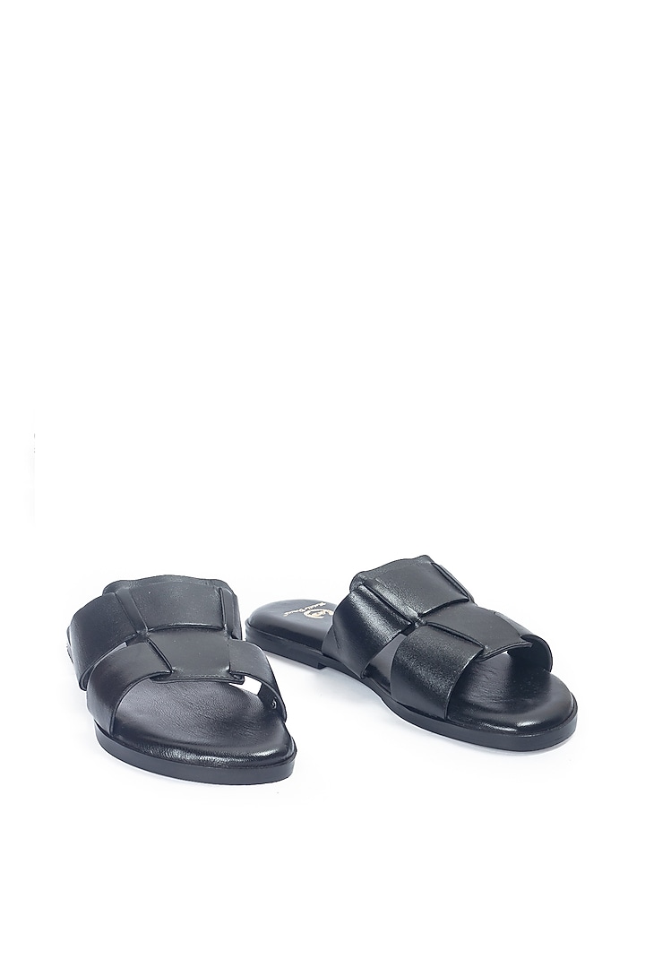 Black Leather Handcrafted Slippers by Modello Domani at Pernia's Pop Up Shop