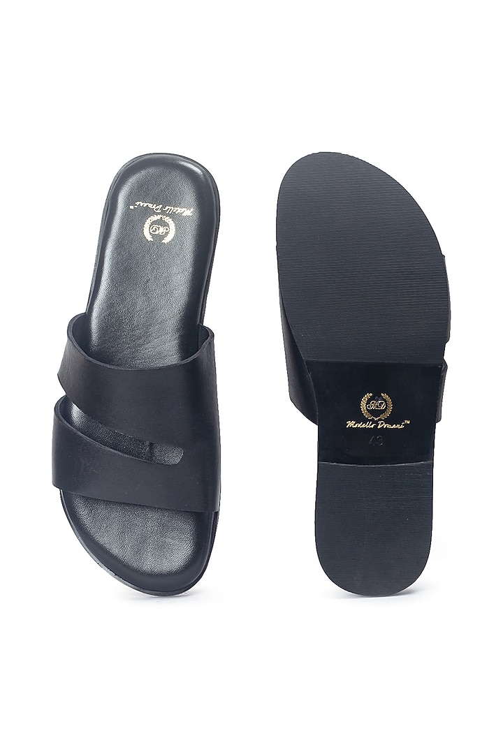 Black Leather Handcrafted Slippers by Modello Domani at Pernia's Pop Up Shop