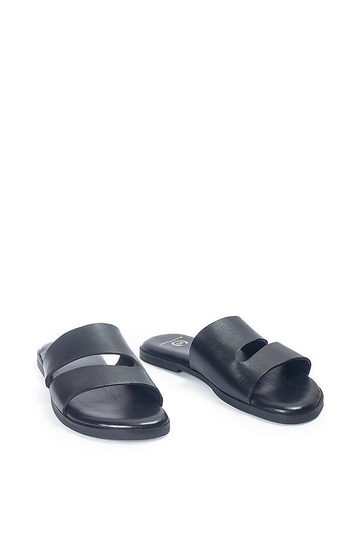 Black Leather Handcrafted Slippers by Modello Domani at Pernia's Pop Up Shop