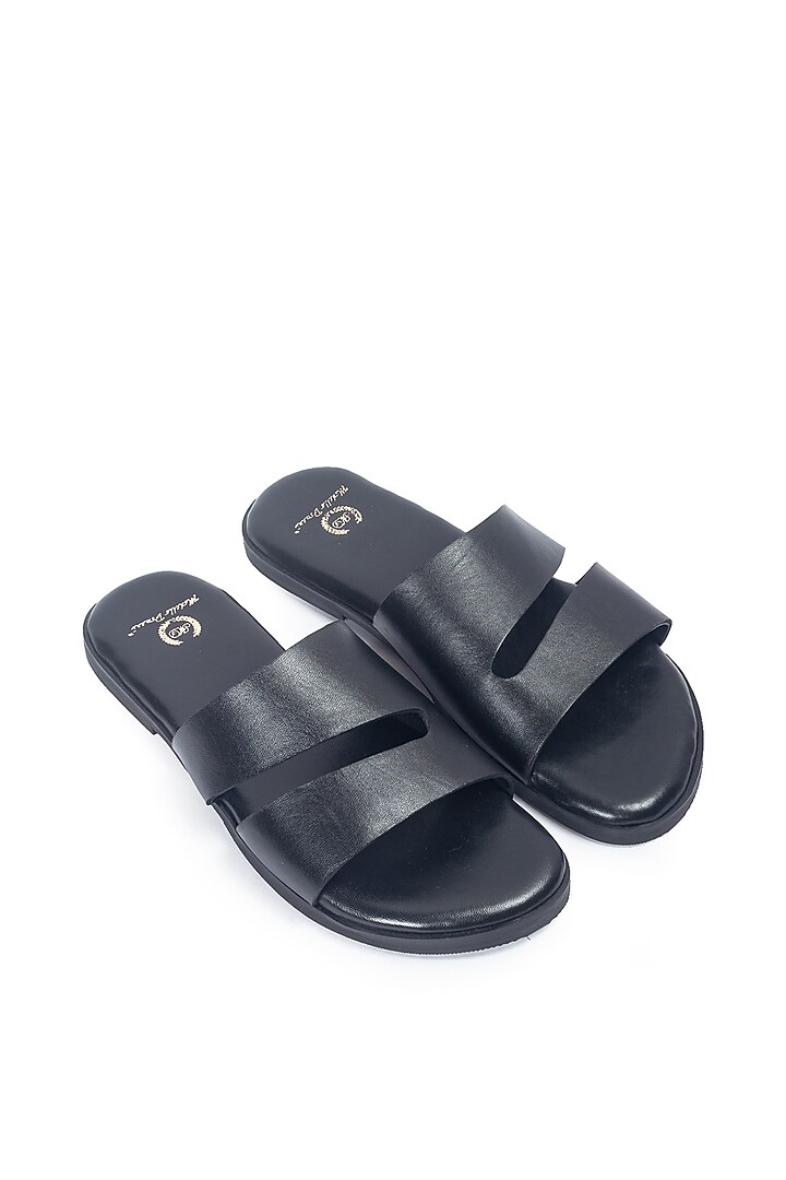 Black Leather Handcrafted Slippers by Modello Domani at Pernia's Pop Up Shop