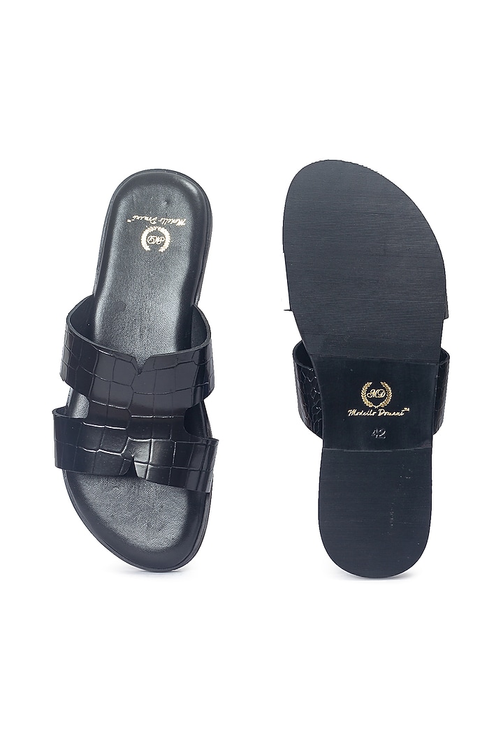 Black Leather Handcrafted Slippers by Modello Domani at Pernia's Pop Up Shop