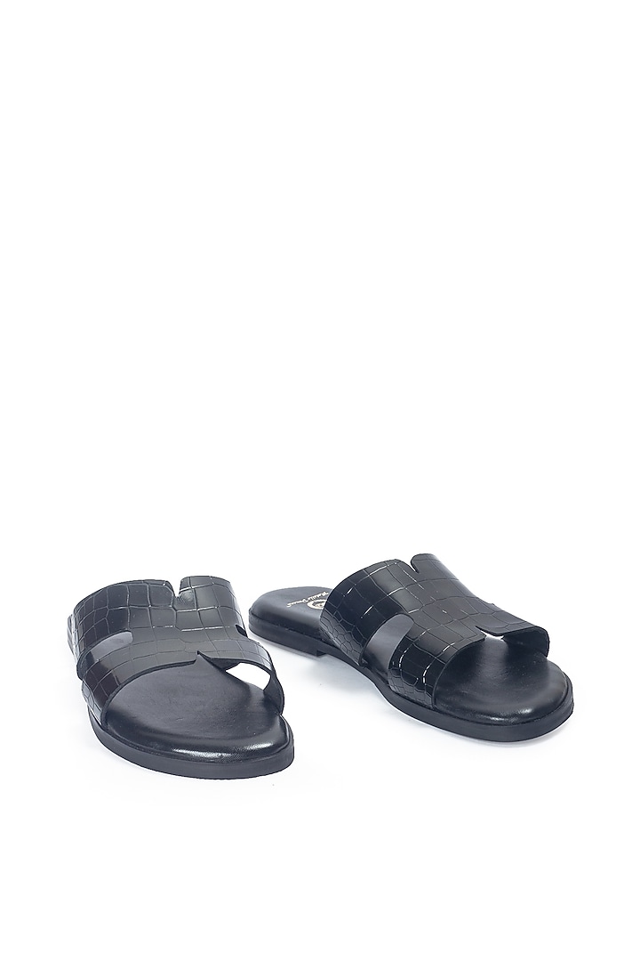 Black Leather Handcrafted Slippers by Modello Domani at Pernia's Pop Up Shop