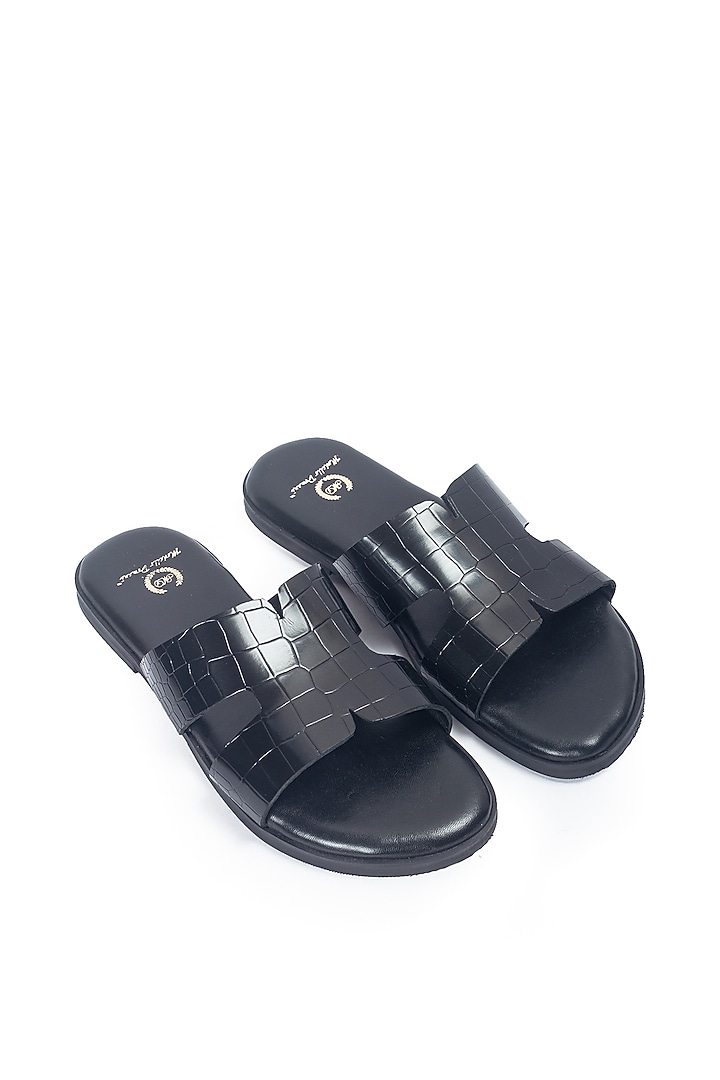 Black Leather Handcrafted Slippers by Modello Domani at Pernia's Pop Up Shop