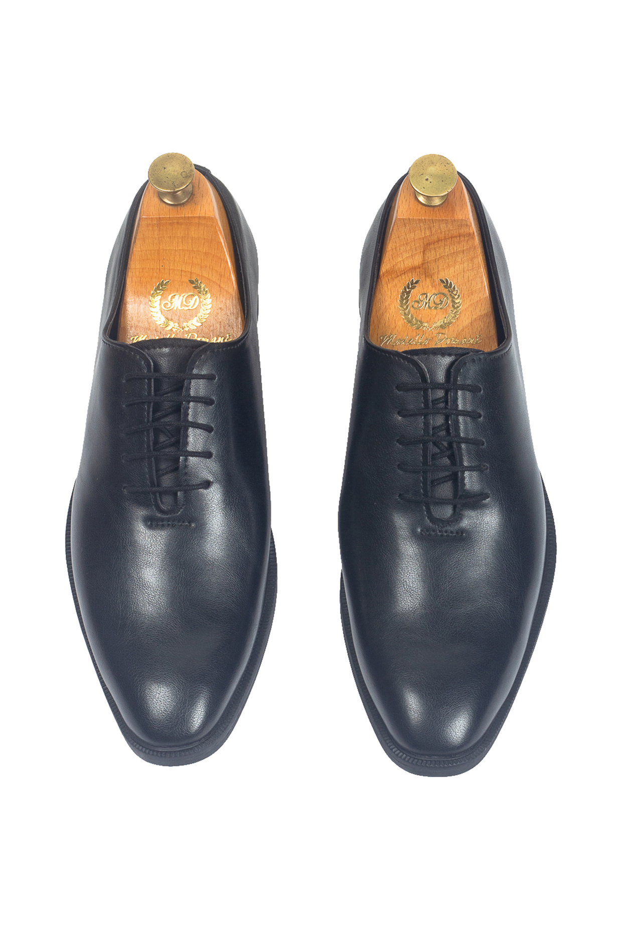 Black Synthetic Leather Handcrafted Derby Shoes by Modello Domani