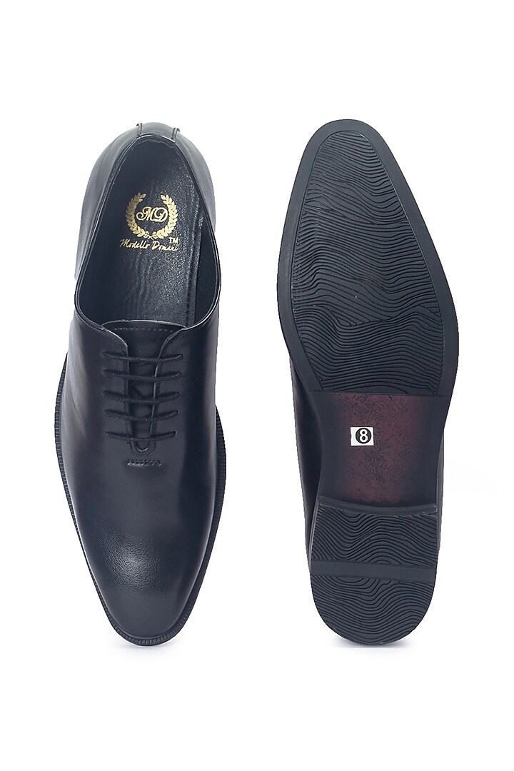 Black Synthetic Leather Handcrafted Derby Shoes by Modello Domani at Pernia's Pop Up Shop