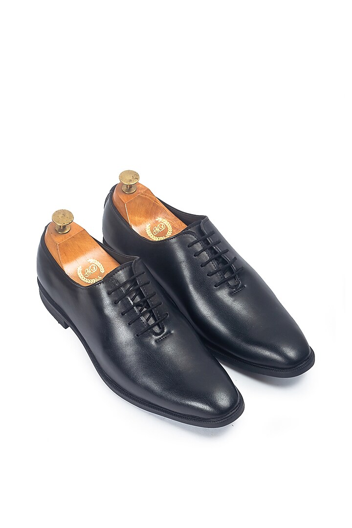 Black Synthetic Leather Handcrafted Derby Shoes by Modello Domani at Pernia's Pop Up Shop