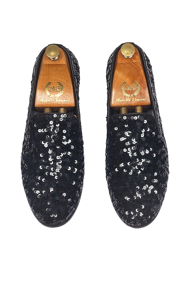 Black Velvet Handcrafted Sequin Slip-Ons by Modello Domani