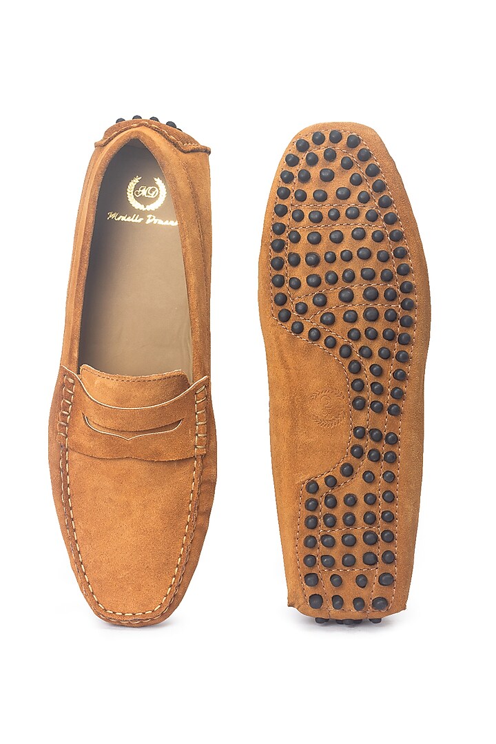Tan Suede Penny Loafers by Modello Domani at Pernia's Pop Up Shop