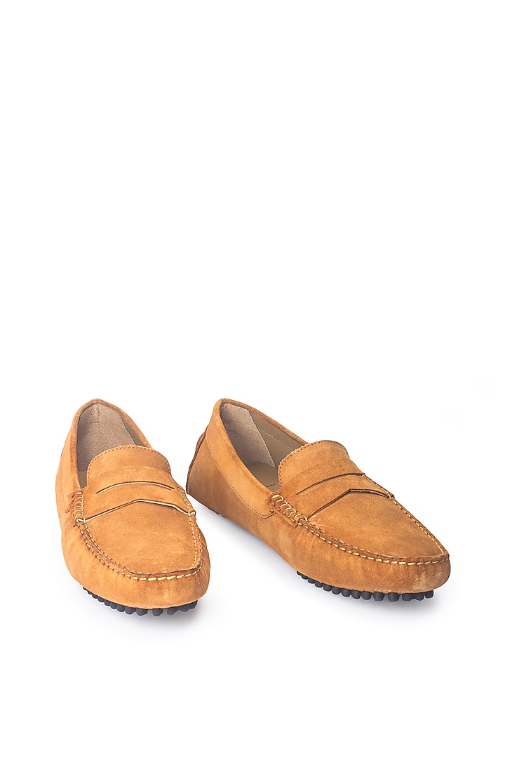 Tan Suede Penny Loafers by Modello Domani at Pernia's Pop Up Shop