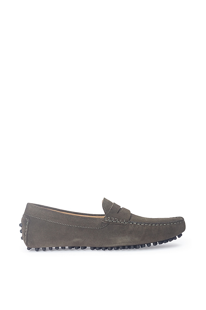 Military Green Suede Penny Loafers by Modello Domani at Pernia's Pop Up Shop