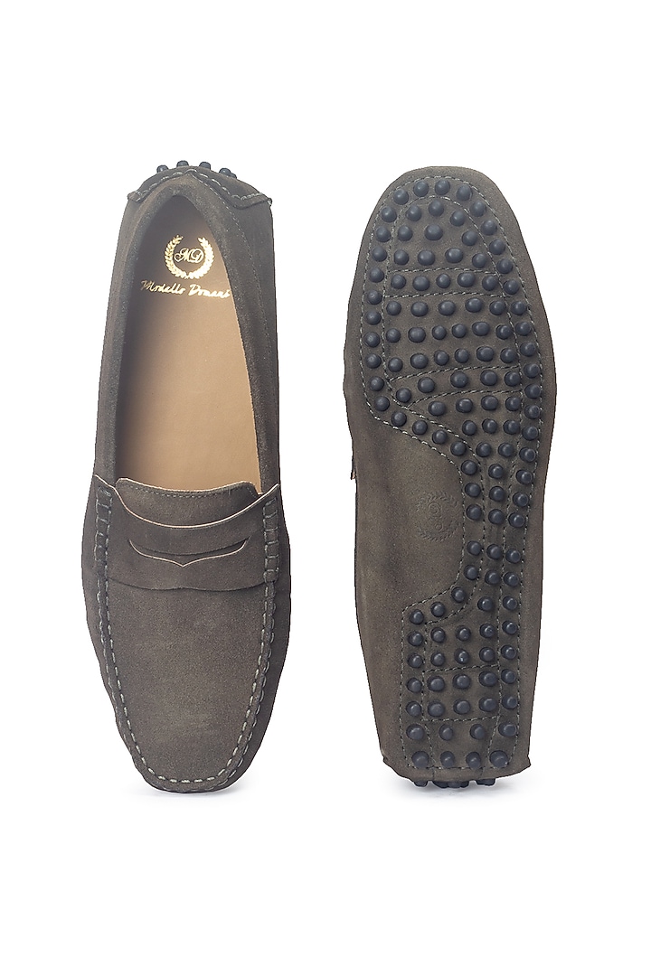 Military Green Suede Penny Loafers by Modello Domani at Pernia's Pop Up Shop