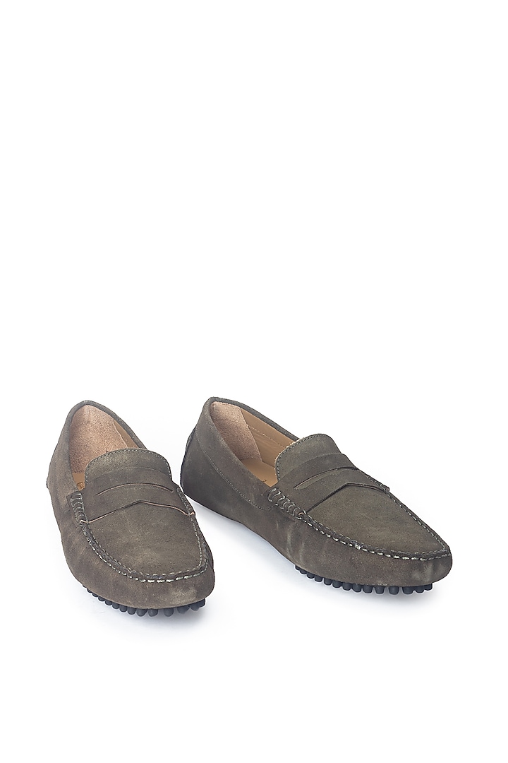 Military Green Suede Penny Loafers by Modello Domani at Pernia's Pop Up Shop