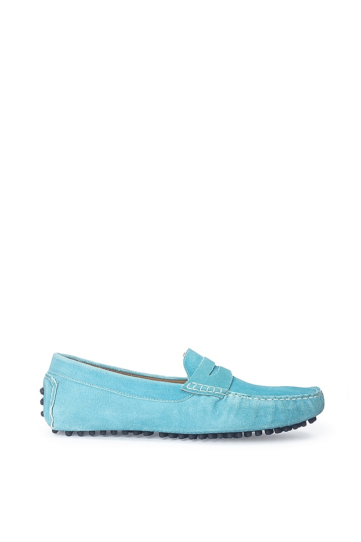 Sky Blue Suede Penny Loafers by Modello Domani at Pernia's Pop Up Shop
