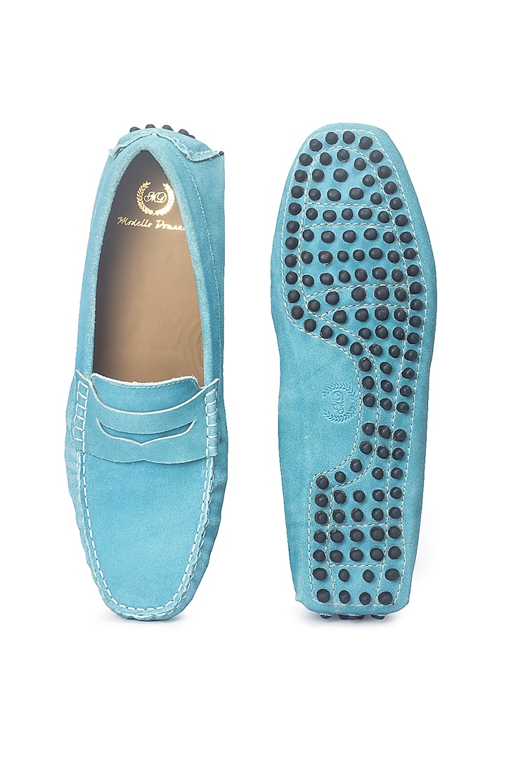 Sky Blue Suede Penny Loafers by Modello Domani at Pernia's Pop Up Shop