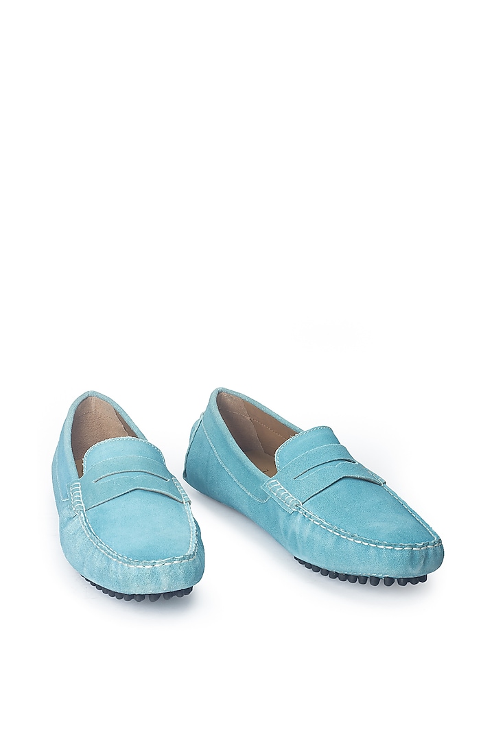 Sky Blue Suede Penny Loafers by Modello Domani at Pernia's Pop Up Shop