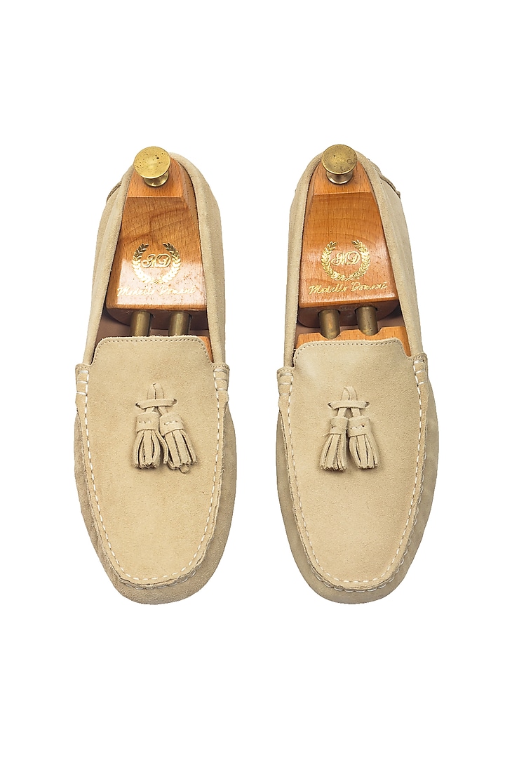 Beige Pure Leather & Suede Handcrafted Loafers by Modello Domani at Pernia's Pop Up Shop
