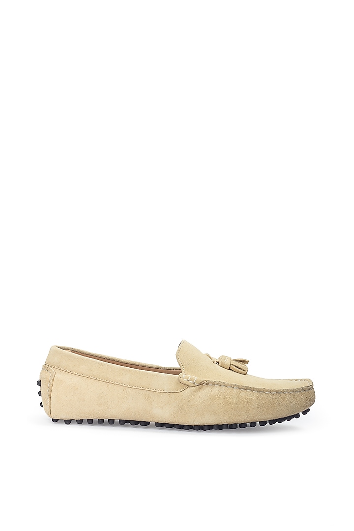 Beige Pure Leather & Suede Handcrafted Loafers by Modello Domani at Pernia's Pop Up Shop