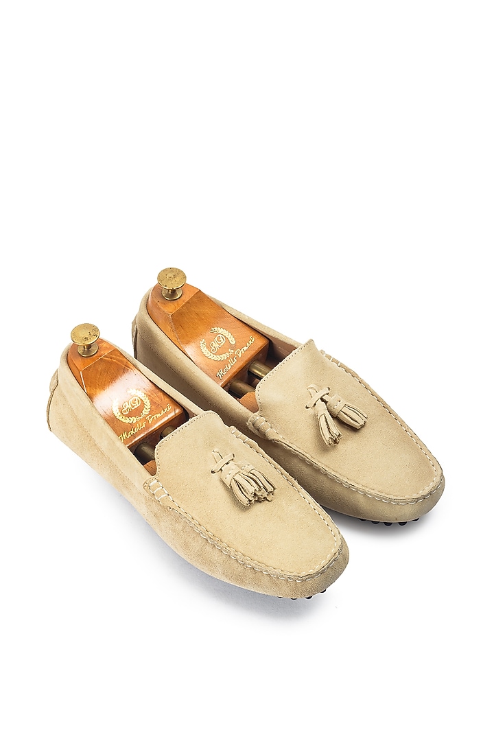 Beige Pure Leather & Suede Handcrafted Loafers by Modello Domani at Pernia's Pop Up Shop