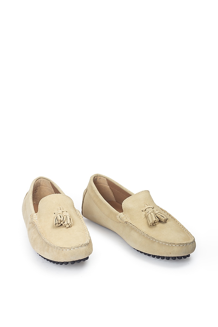 Beige Pure Leather & Suede Handcrafted Loafers by Modello Domani at Pernia's Pop Up Shop