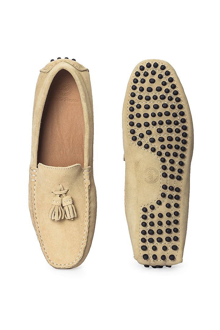 Beige Pure Leather & Suede Handcrafted Loafers by Modello Domani at Pernia's Pop Up Shop