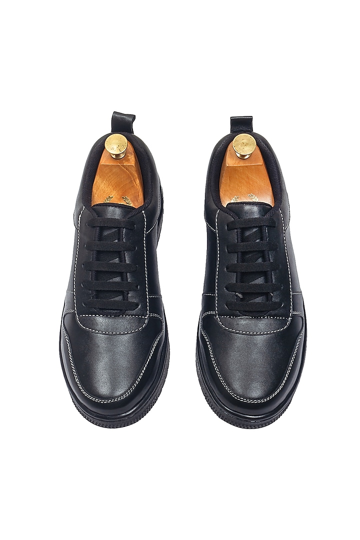 Black Leather Handcrafted Sneakers by Modello Domani