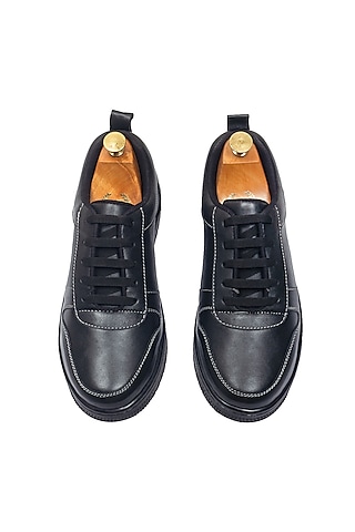 Black Leather Handcrafted Sneakers by Modello Domani