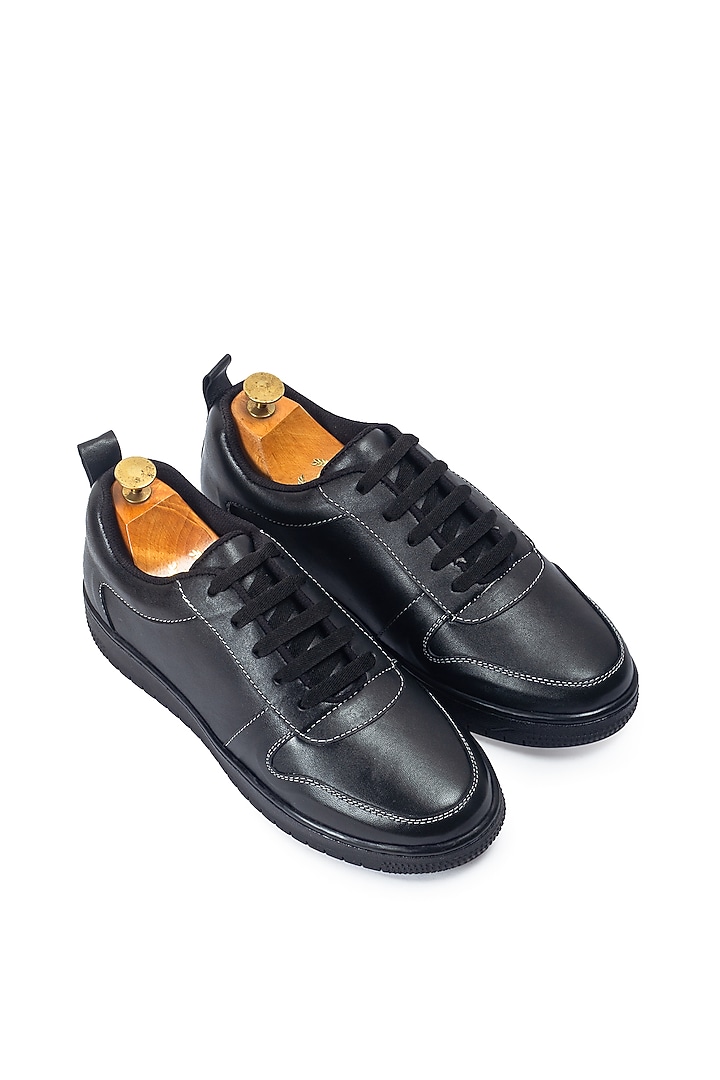 Black Leather Handcrafted Sneakers by Modello Domani at Pernia's Pop Up Shop