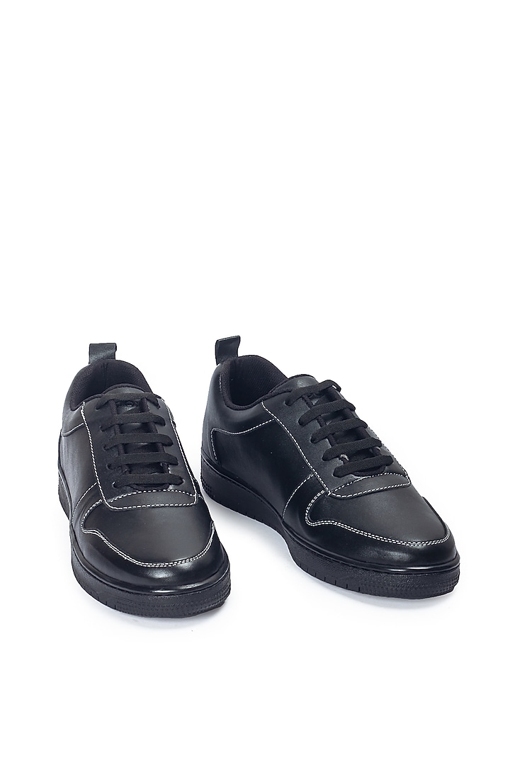 Black Leather Handcrafted Sneakers by Modello Domani at Pernia's Pop Up Shop