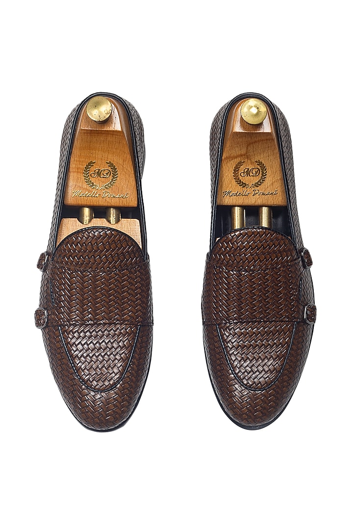 Brown Leather Handcrafted Double Monk Strap Shoes by Modello Domani