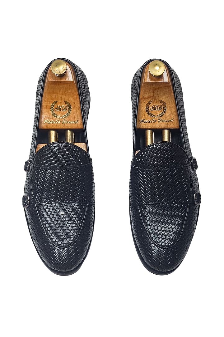 Black Leather Handcrafted Double Monk Strap Shoes by Modello Domani