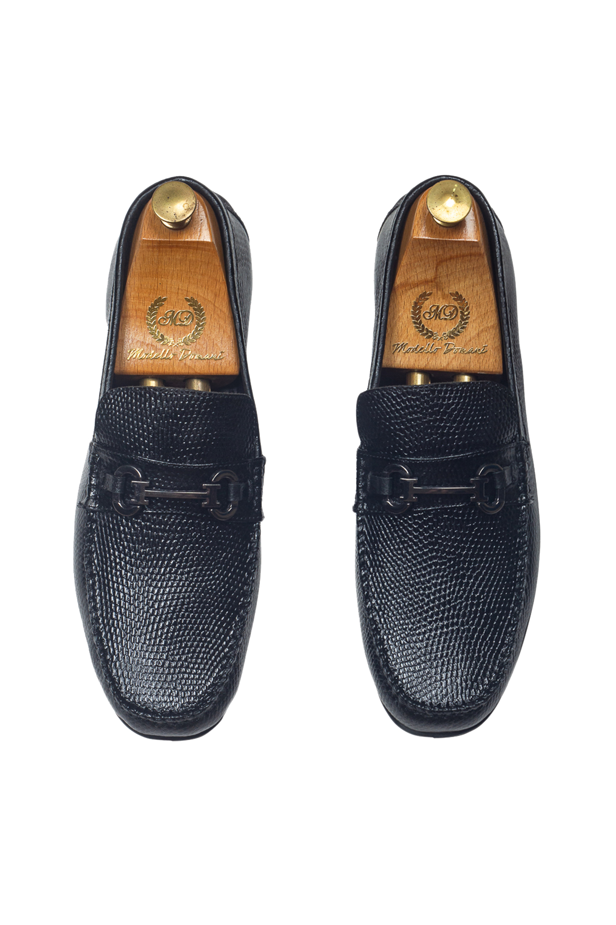 Black Grained Leather Handcrafted Slip On Shoes by Modello Domani