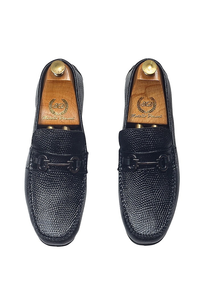 Black Grained Leather Handcrafted Slip On Shoes by Modello Domani