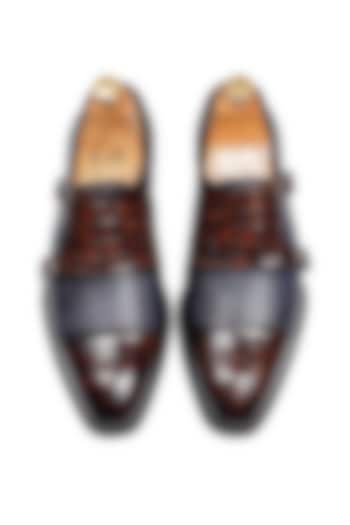 Navy Brown Patina Leather Monk Strap Shoes by Modello Domani at Pernia's Pop Up Shop