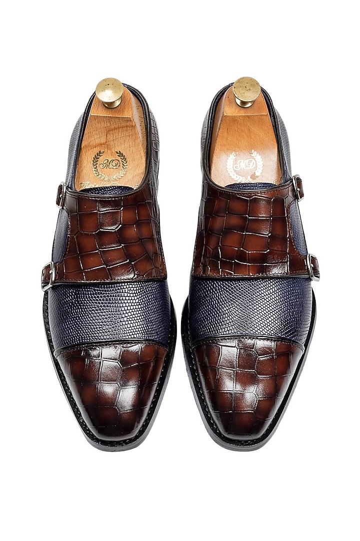 Navy Brown Patina Leather Monk Strap Shoes by Modello Domani at Pernia's Pop Up Shop