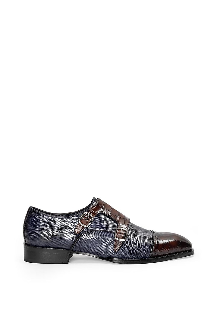 Navy Brown Patina Leather Monk Strap Shoes by Modello Domani at Pernia's Pop Up Shop